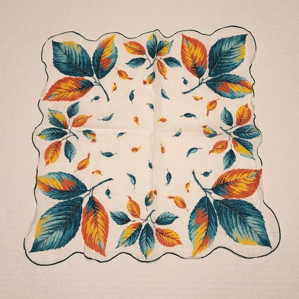 Vintage 1950s Autumn Leaves Scalloped Edge Hankerchief MCM